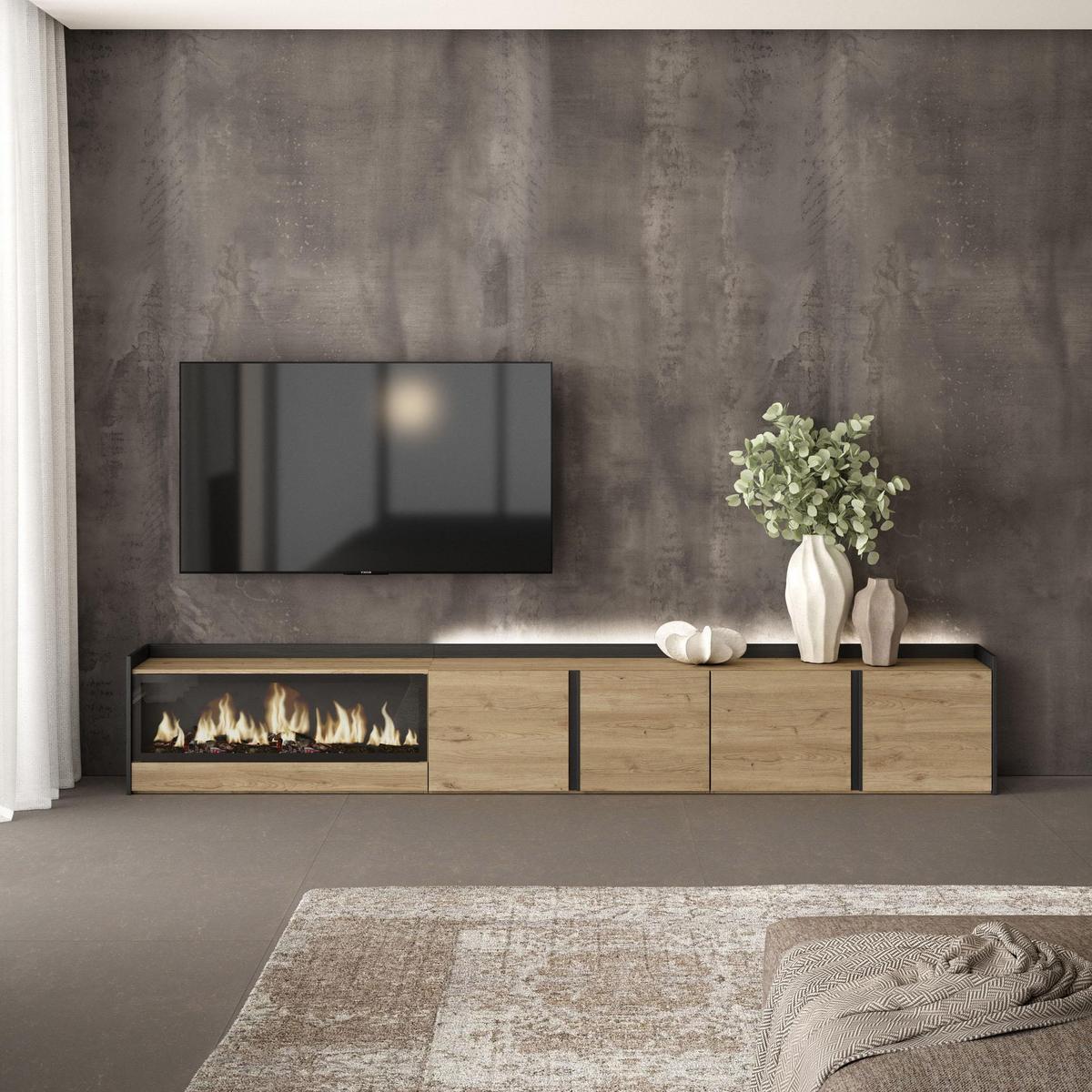 LOWBOARD, Eiche und Schwarz, 315/35/50cm, Kamin mit Feuereffekt XXL - Eichefarben, Holzwerkstoff (315/50/35cm) - Skraut Home