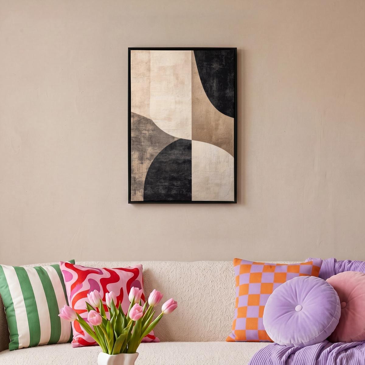 LEINWAND Bilder mit Rahmen - Abstrakt - Flugzeuge - Schwarz - Rund - 40x60 - Beige, Textil (40/60cm) - MuchoWow