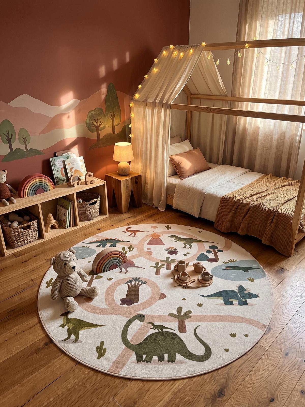 SPIELTEPPICH Waschbar TINO in Creme, mit Dino-Landschaft, Ø 160 cm - Beige, Textil (160/160cm) - KADIMA DESIGN