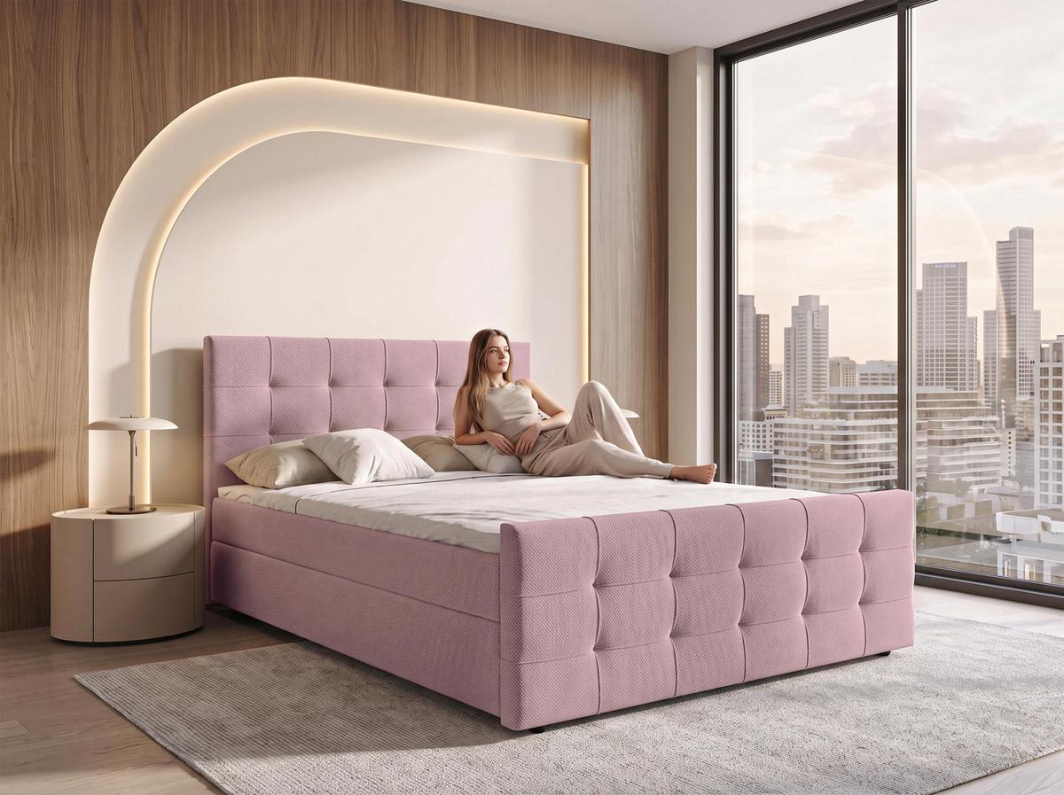 BOXBETT DEFNE 160x200 cm mit Fußteil und Matratze - Rosa + TOPPER - Schwarz/Rosa, Holz/Holzwerkstoff (160/200cm) - AX Living
