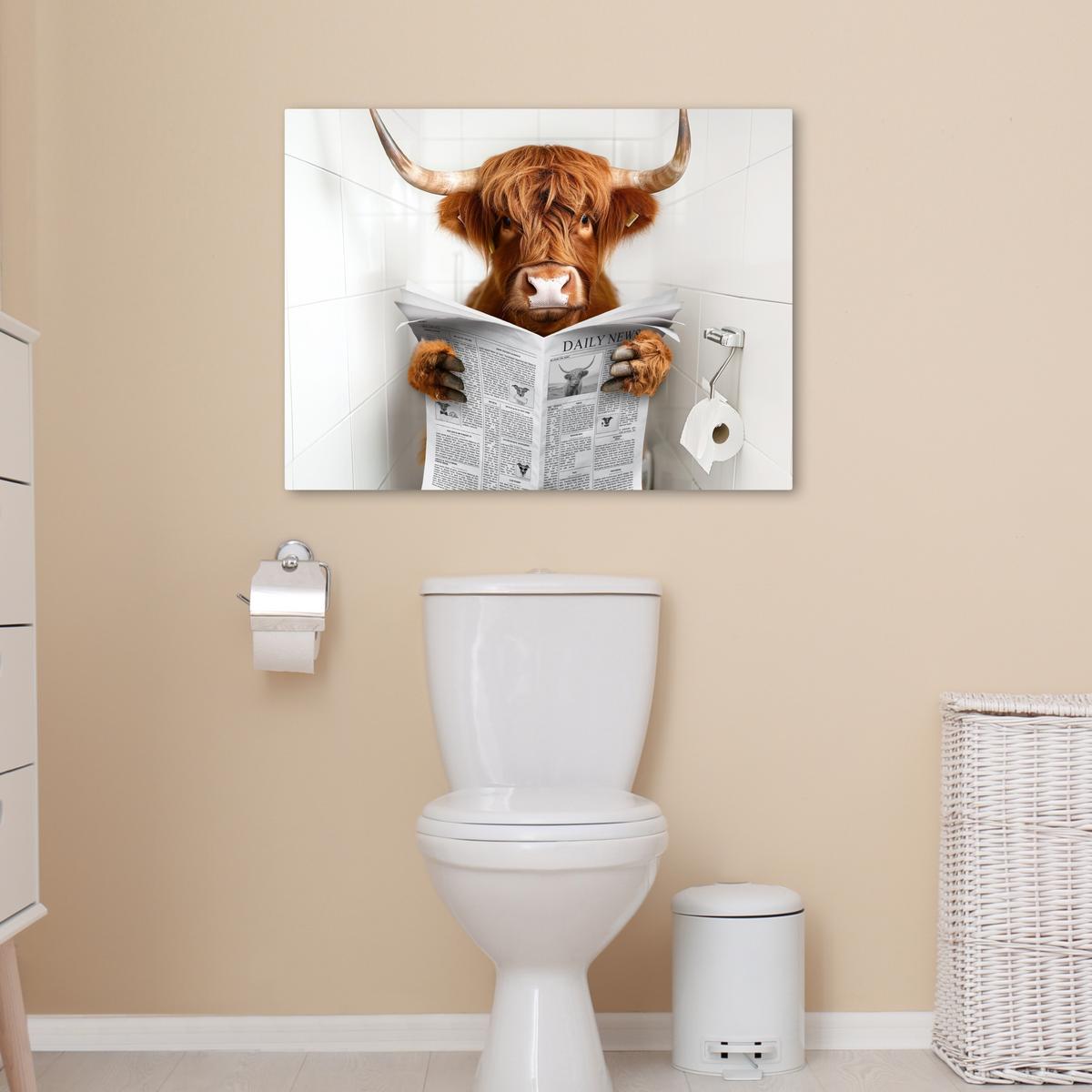 LEINWANDBILD Schottischer Highlander - Tier - Zeitung - Toilette Wandbilder 80x60 cm - Kastanienfarben, Textil (80/60cm) - MuchoWow