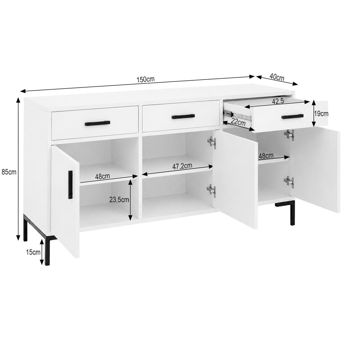 KOMMODE Selena mit 3 Türen und 3 Schubladen, Metallfüße, Selbstschließer, Kaschmir, 150 cm - Kaschmir/Schwarz, Holzwerkstoff/Metall (150/85/40cm) - Beautysofa