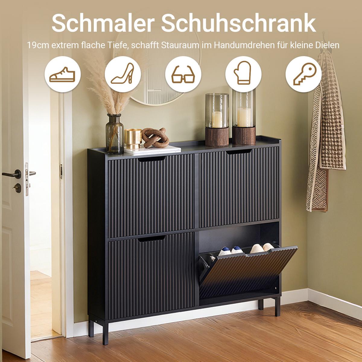 SCHUHSCHRANK schmal mit 4 Klappen 100x91x19cm Schwarz - Schwarz, Holzwerkstoff/Metall (100/91/19cm) - SoBuy