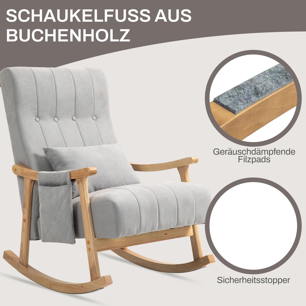 SCHAUKELSTUHL Schaukelsessel mit Lendenkissen, Seitentasche für Wohnzimmer Grau - Naturfarben/Grau, Holz/Buchenholz (65/98/90cm) - HOMCOM