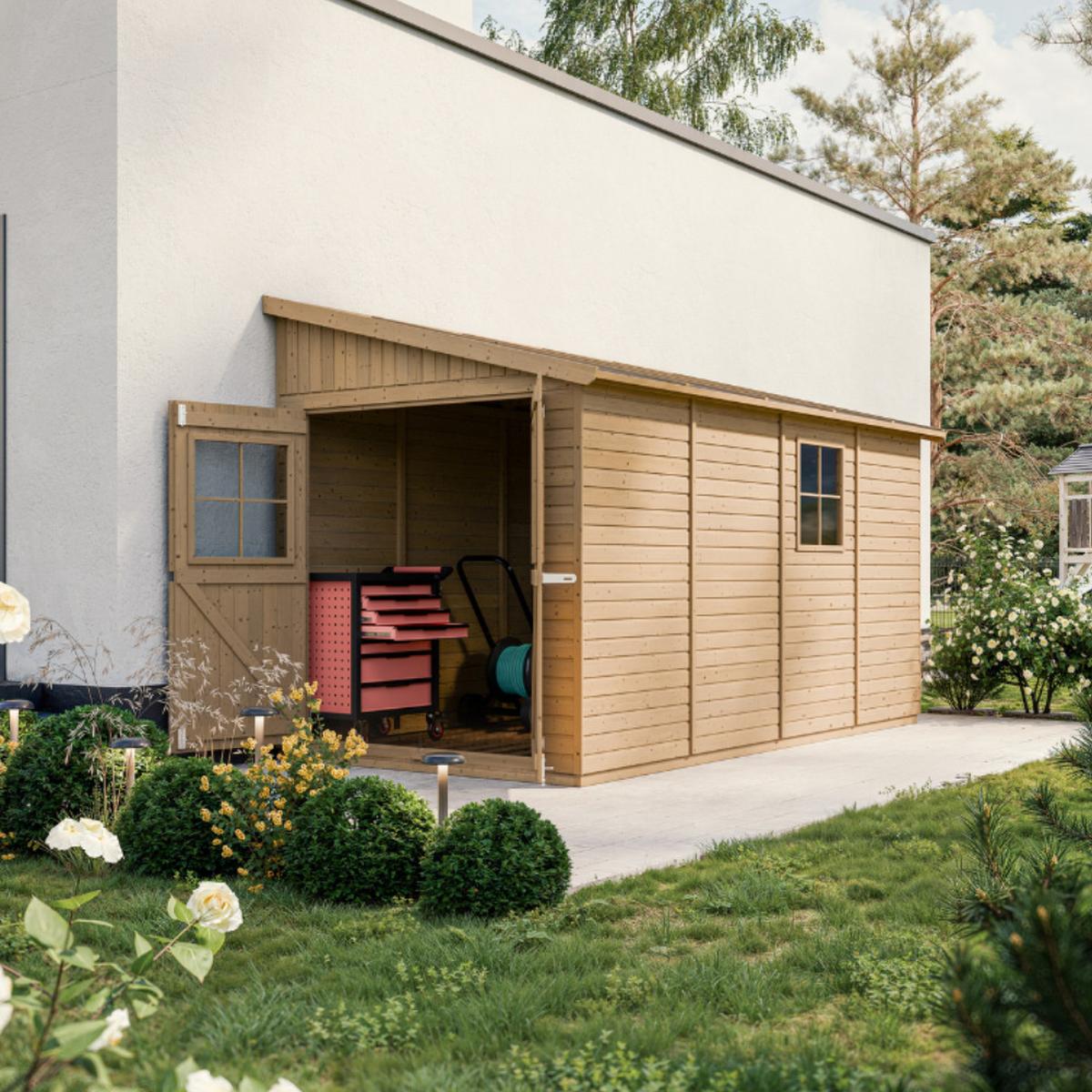 HOLZ-GARTENHAUS (mit Seitenwand) MIT IMPRÄGNIERTEM BODEN - H244x216x416 cm/8 m2 -IMBELA M340A+M340G - Beige, Holz (218/250/395cm) - Timbela