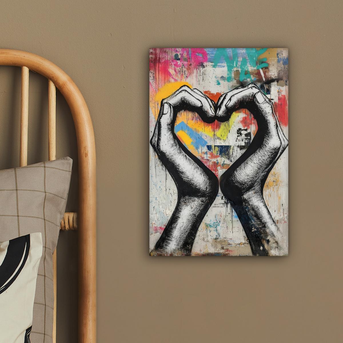 LEINWANDBILD Hände - Herz - Straßenkunst - Graffiti Deko Wohnzimmer 20x30 cm - Multicolor, Textil (20/30cm) - MuchoWow