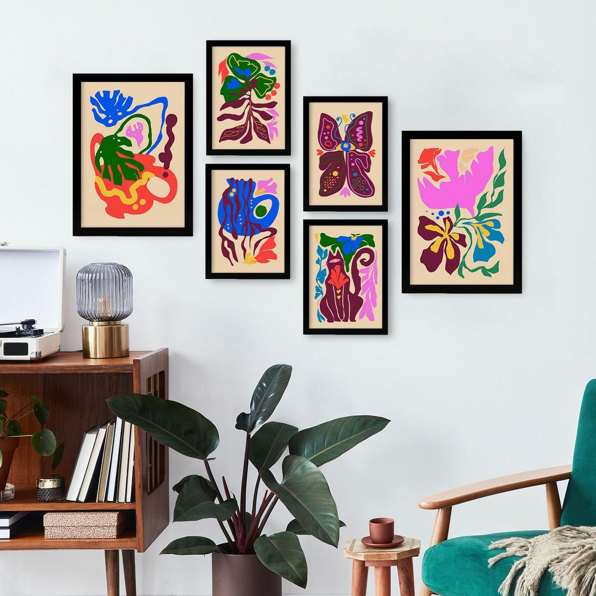POSTER Set Mit 6 Malerisch 4 In Blume Zusammenfassung Ästhetische Dekorative Gemälde Für Ihr Wohnzimmer Schlafzimmer Zuhause A3 & A4 Schwarzer Rahmen - Schwarz, Papier (29/3cm) - Nacnic