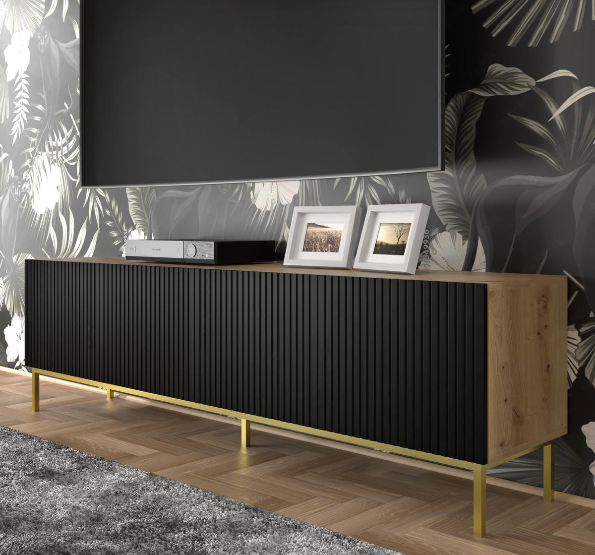 TV LOWBOARD Artisan Eiche, Schwarz, Gold 200/56/42 - Goldfarben/Schwarz, Holzwerkstoff (200/56/42cm) - RAUMHIRSCH FURNITURE