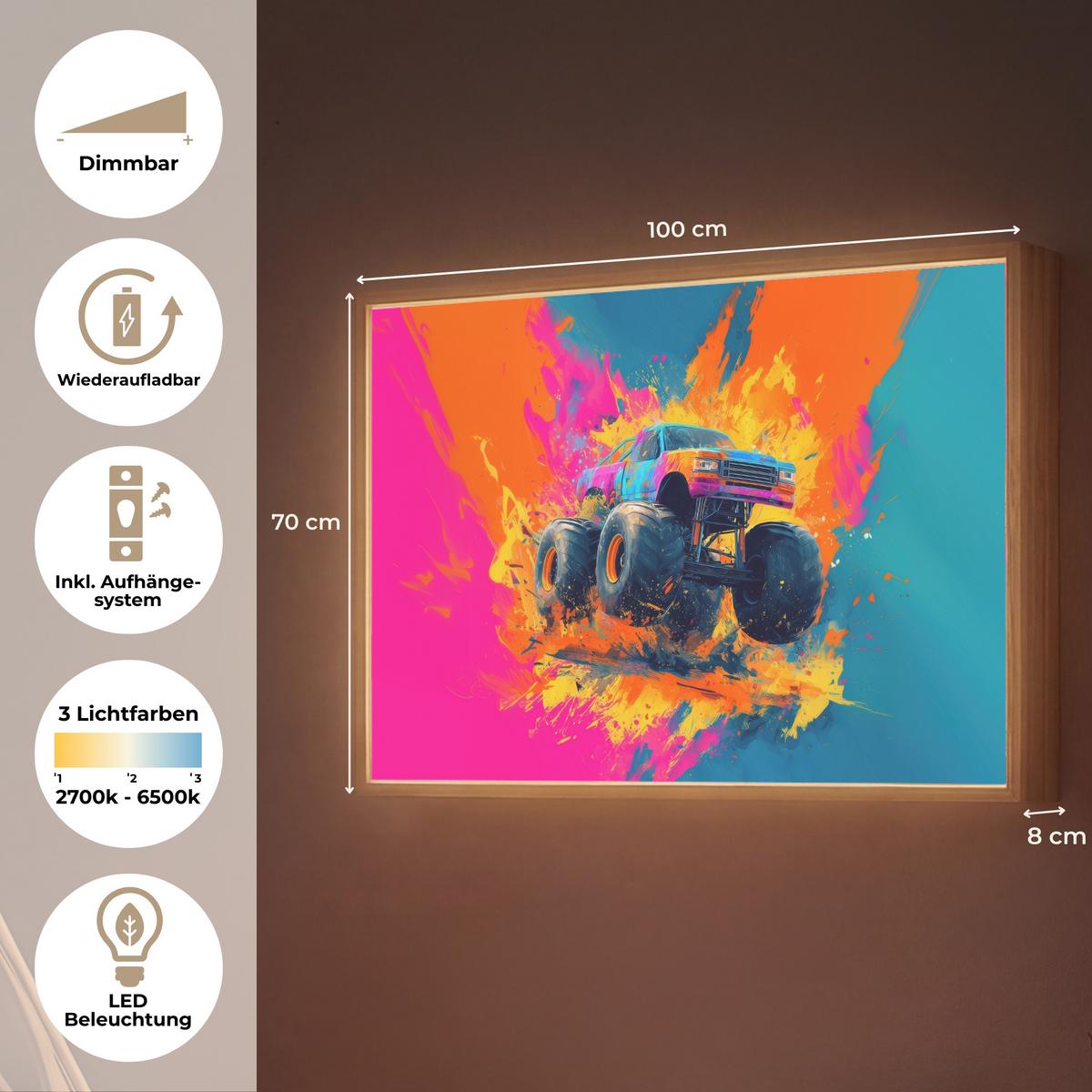 NACHTTISCHLAMPE MIT AKKU Monstertruck - Abstrakt - Farbspritzer - Farbenfroh 100x70 cm - Pink, Holzwerkstoff (8/100/70cm) - OnlyWow