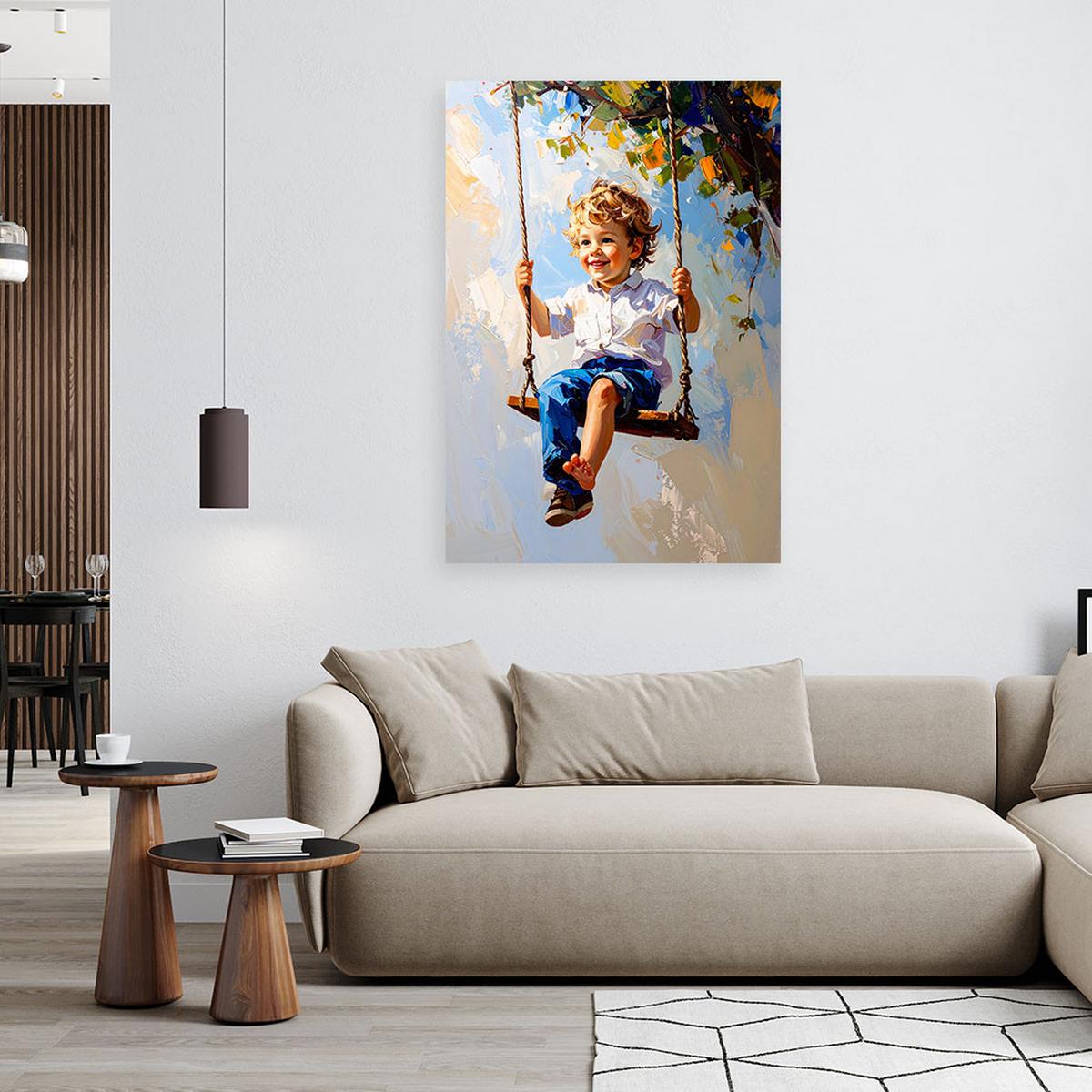 LEINWANDBILD Junge auf einer Schaukel 70x100cm - Blau, Textil (70/100cm) - Feeby