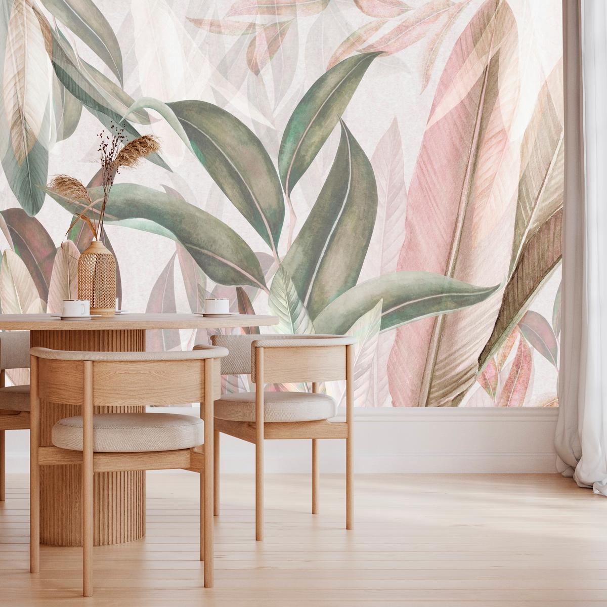FOTOTAPETE für Wohnzimmer Empfindlich Pastell Bananenblätter 500x350 - Beige/Rosa, Papier (500/350cm) - Muralo