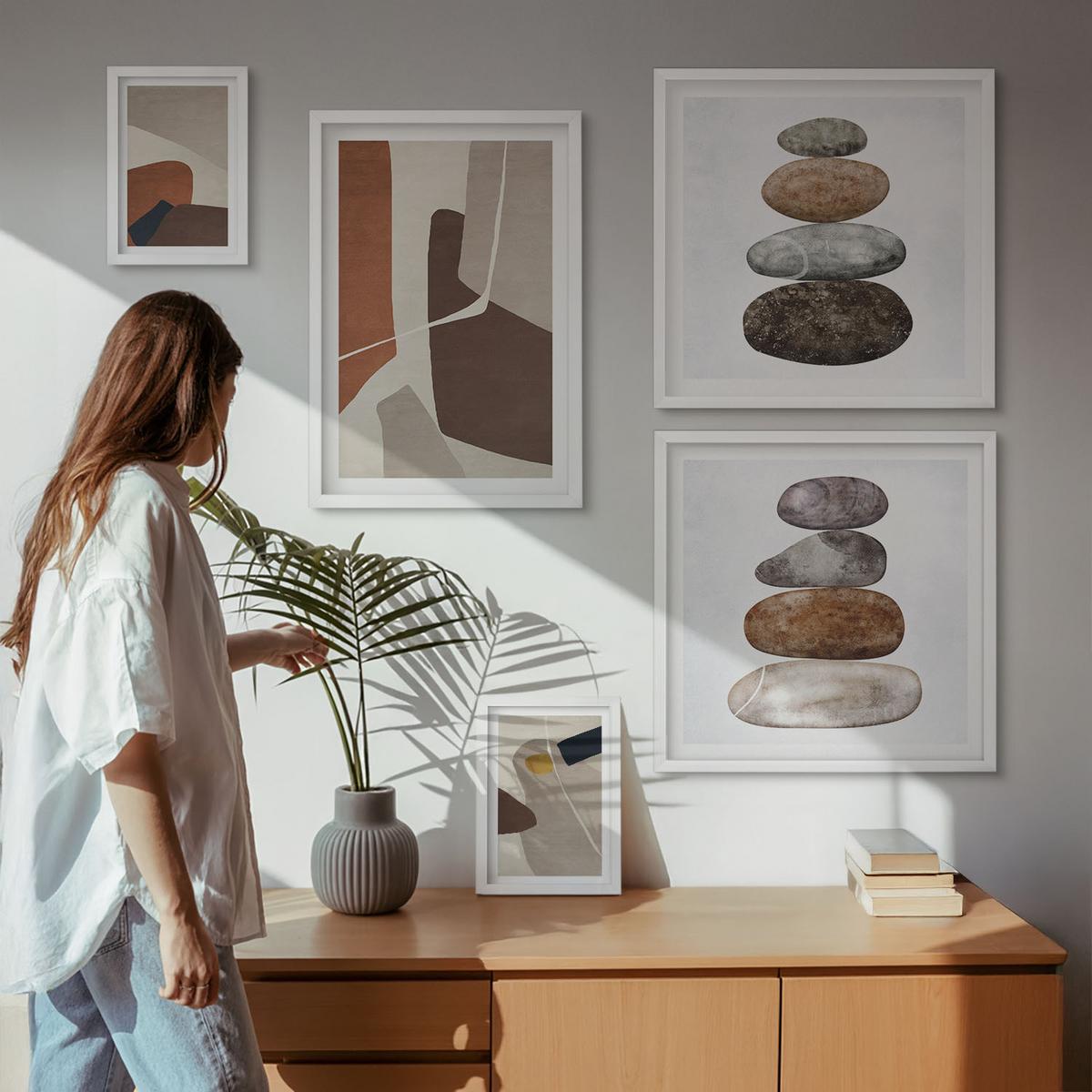 BILDER SET 5er Set - 50x50 cm & 20x30 cm & 40x60 cm Weißer Rahmen - Abstrakte Boho-Formen - Weiß, Kunststoff (40/60cm) - TULUP
