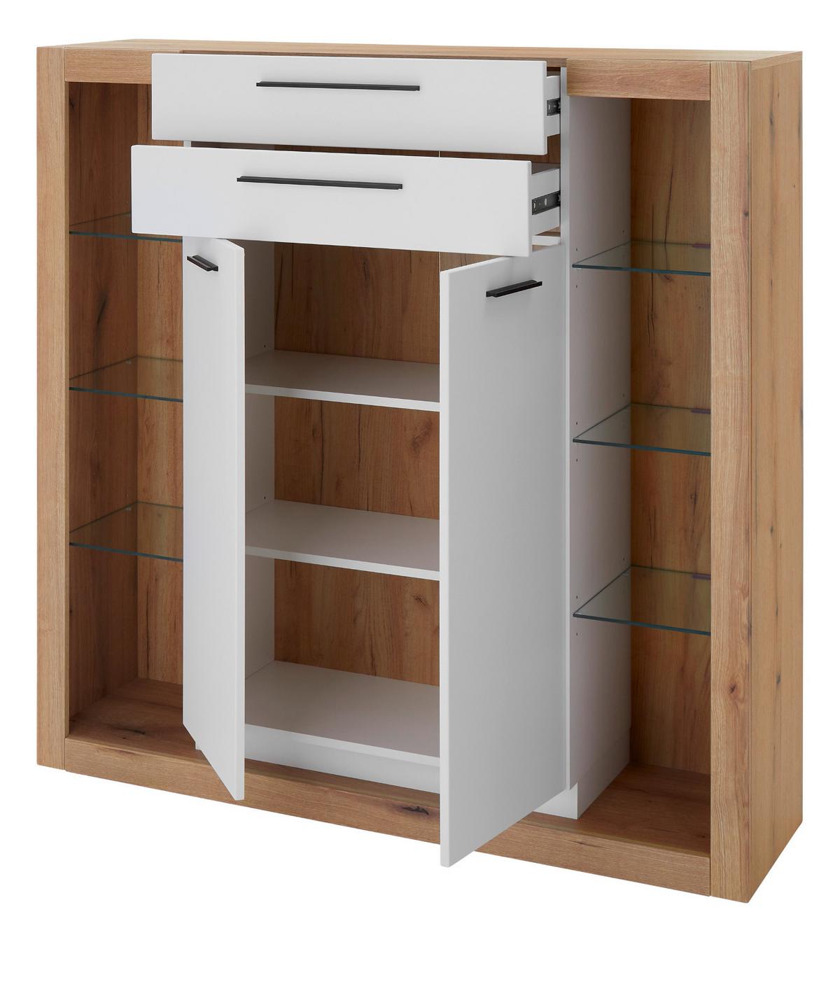 HIGHBOARD weiß matt, Evoke Eiche, Kommode 141 x 139 cm - Eichefarben/Silberfarben, Glas/Holzwerkstoff (141/139/37cm) - Furn.Design