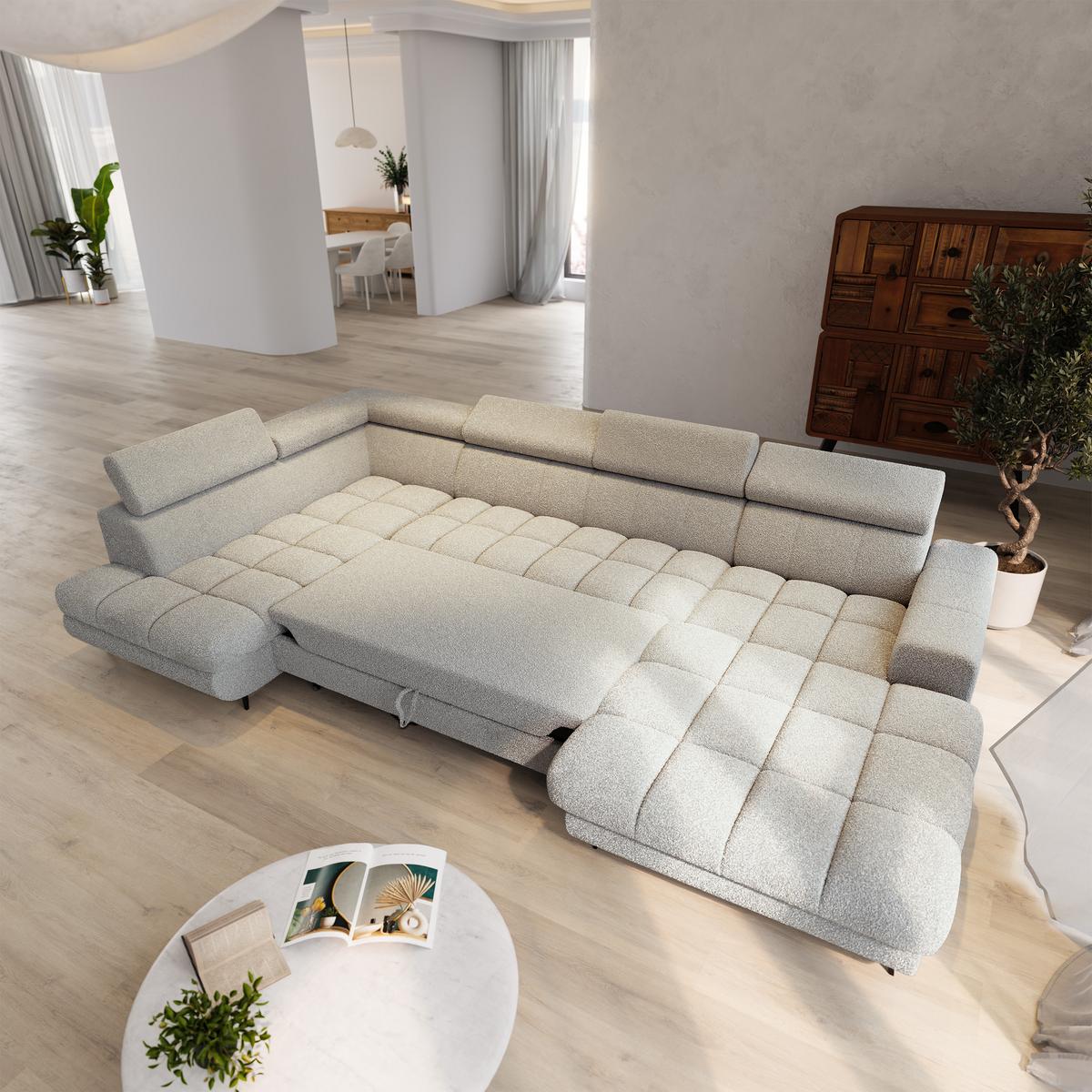 WOHNLANDSCHAFT CORENO Hellgrau Boucle-Stoff mit Schlaffunktion - Hellgrau, Holz (345/88/190cm) - MASSENO