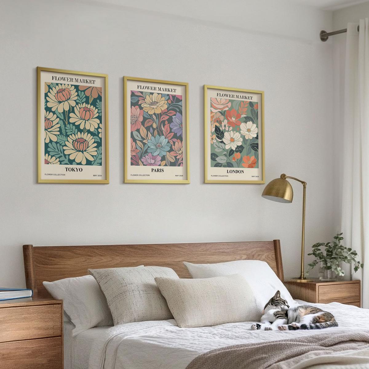 BILDER SET 3er Set - 40x60 cm Goldrahmen - Blumenposter Tokio Paris London - Goldfarben, Kunststoff (40/60cm) - TULUP