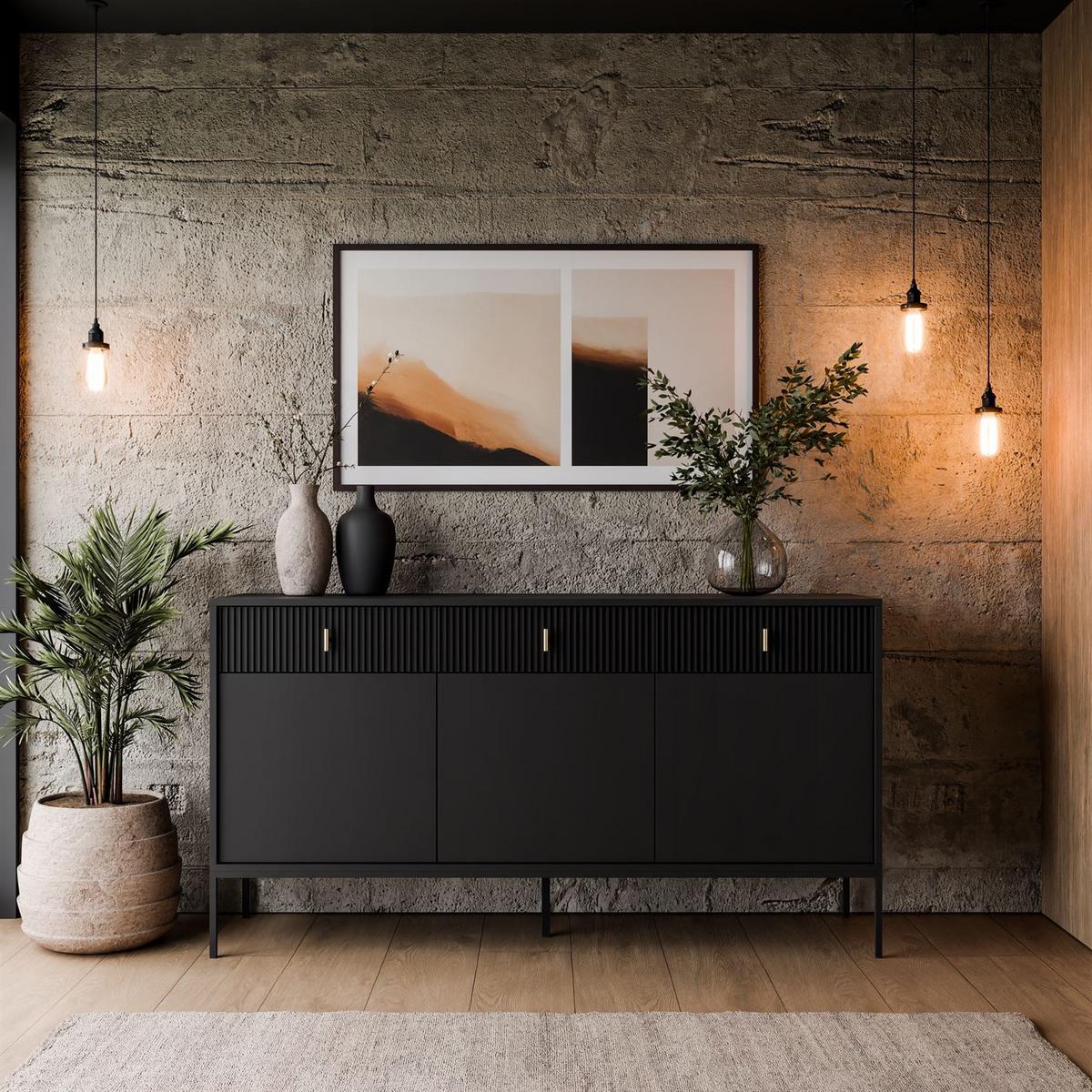 SIDEBOARD MIDNIGHT 3D3S mit drei Schubladen auf Gestell schwarz - Schwarz, Holzwerkstoff (154.5/82.5/39cm) - Lookway