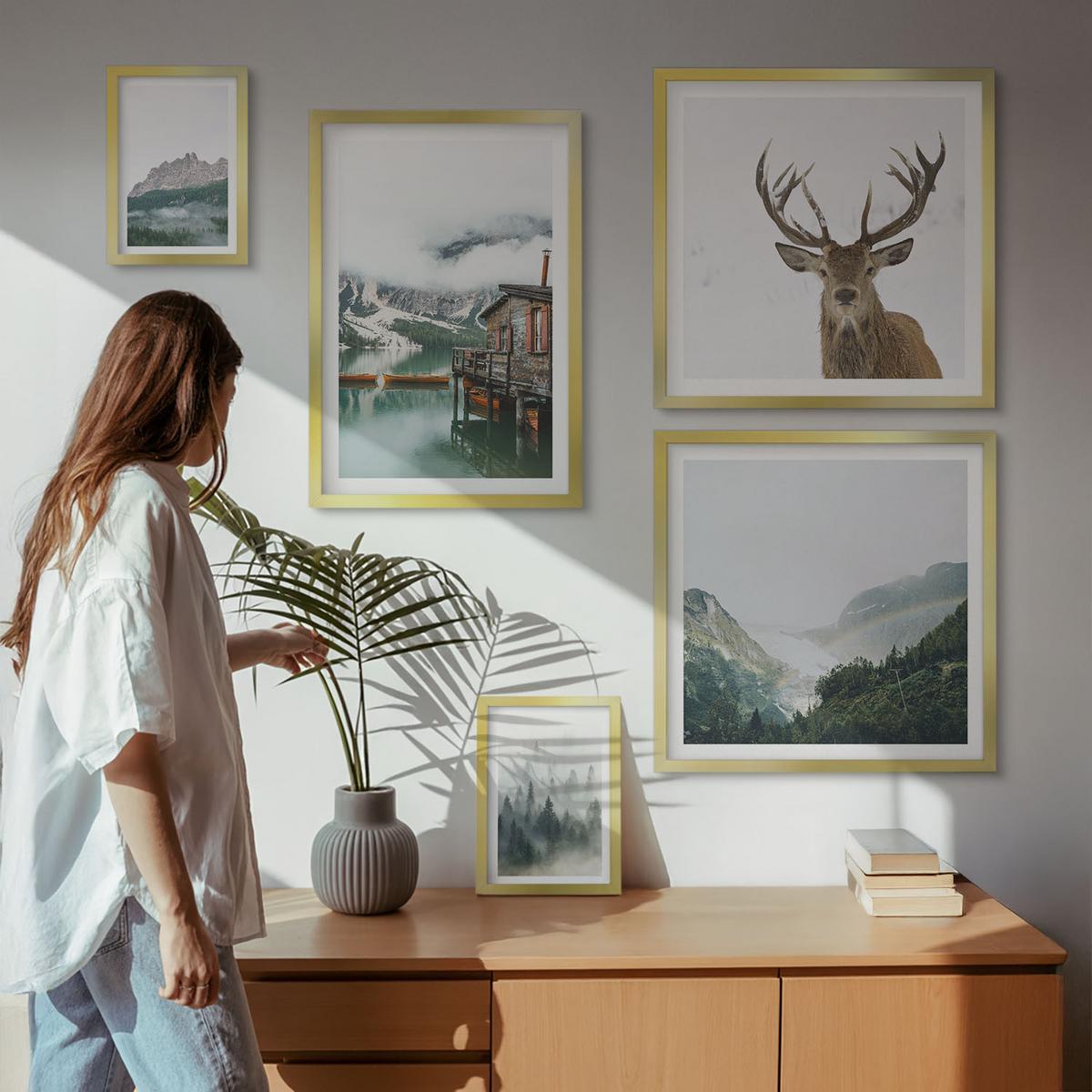 BILDER SET 5er Set - 50x50 cm & 20x30 cm & 40x60 cm Goldrahmen - Berge, See, Hirsche, Hütte, Nebel - Goldfarben, Kunststoff (40/60cm) - TULUP