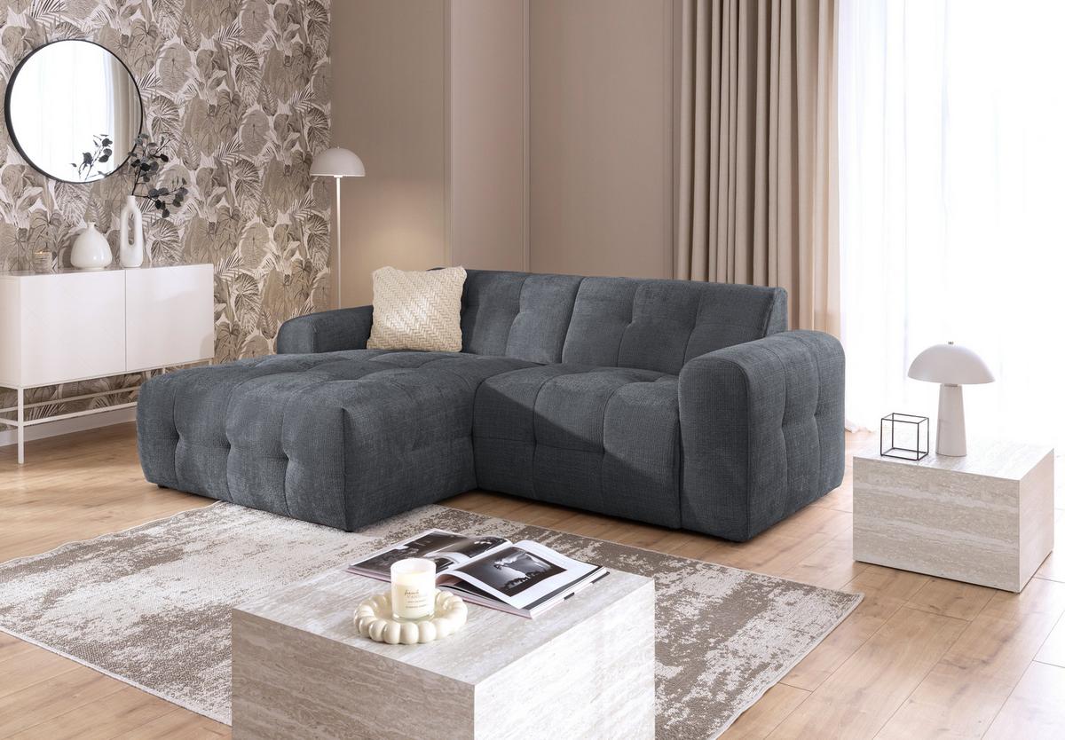ECKSOFA mit Ottomane links, raffinierten Steppungen, Wellenunterfederung, B234/T161/H79 cm, Chenille-Bezug in Grau / 21046 - Schwarz/Grau, Kunststoff/Textil (234/79/161cm) - luma-home