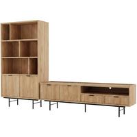 WOHNWAND Evron 2-teilig Bücherregal 90 cm + TV-Board 200 cm, Hikora Eiche - Eichefarben/Schwarz, Holzwerkstoff/Metall (200/185/35cm) - Beautysofa