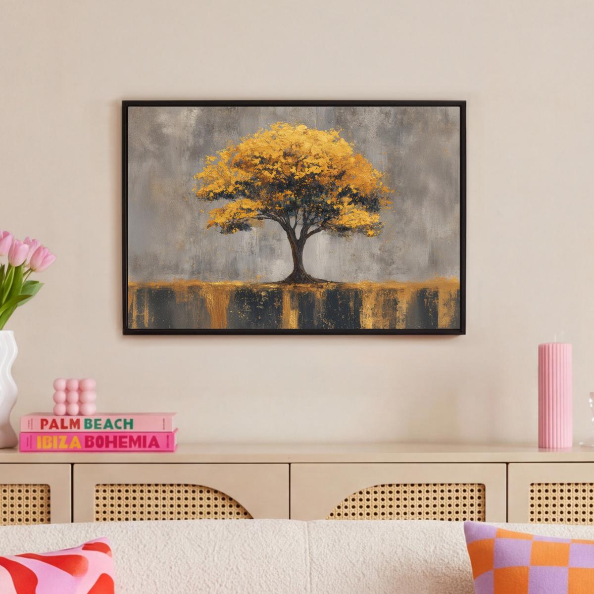 LEINWAND Bilder mit Rahmen - Baum - Blätter - Gold - Abstrakt - 60x40 - Grau, Textil (60/40cm) - MuchoWow