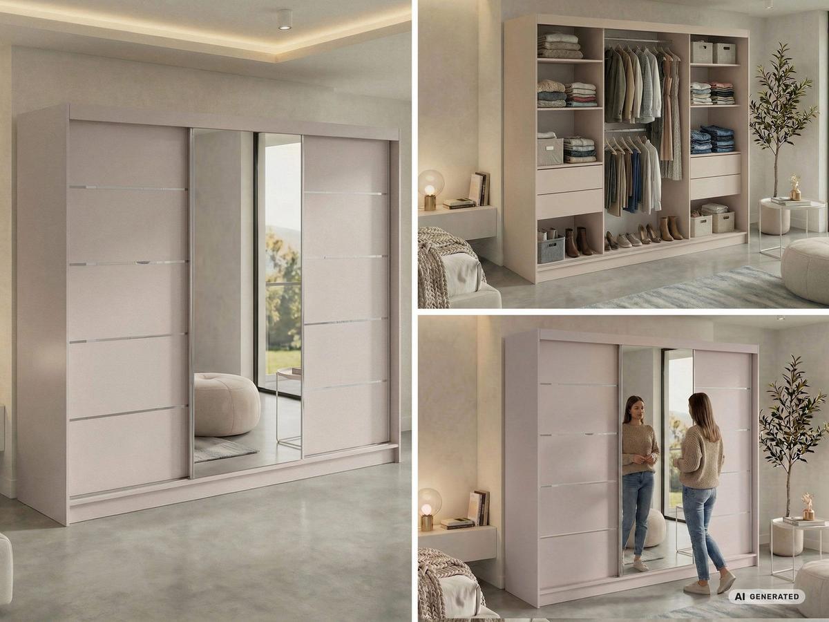 SCHWEBETÜRENSCHRANK mit Schubladen 240 - SKORIA - Kaschmir mit Spiegel - Kaschmir/Alufarben, Holzwerkstoff/Metall (240/216/61cm) - MKS