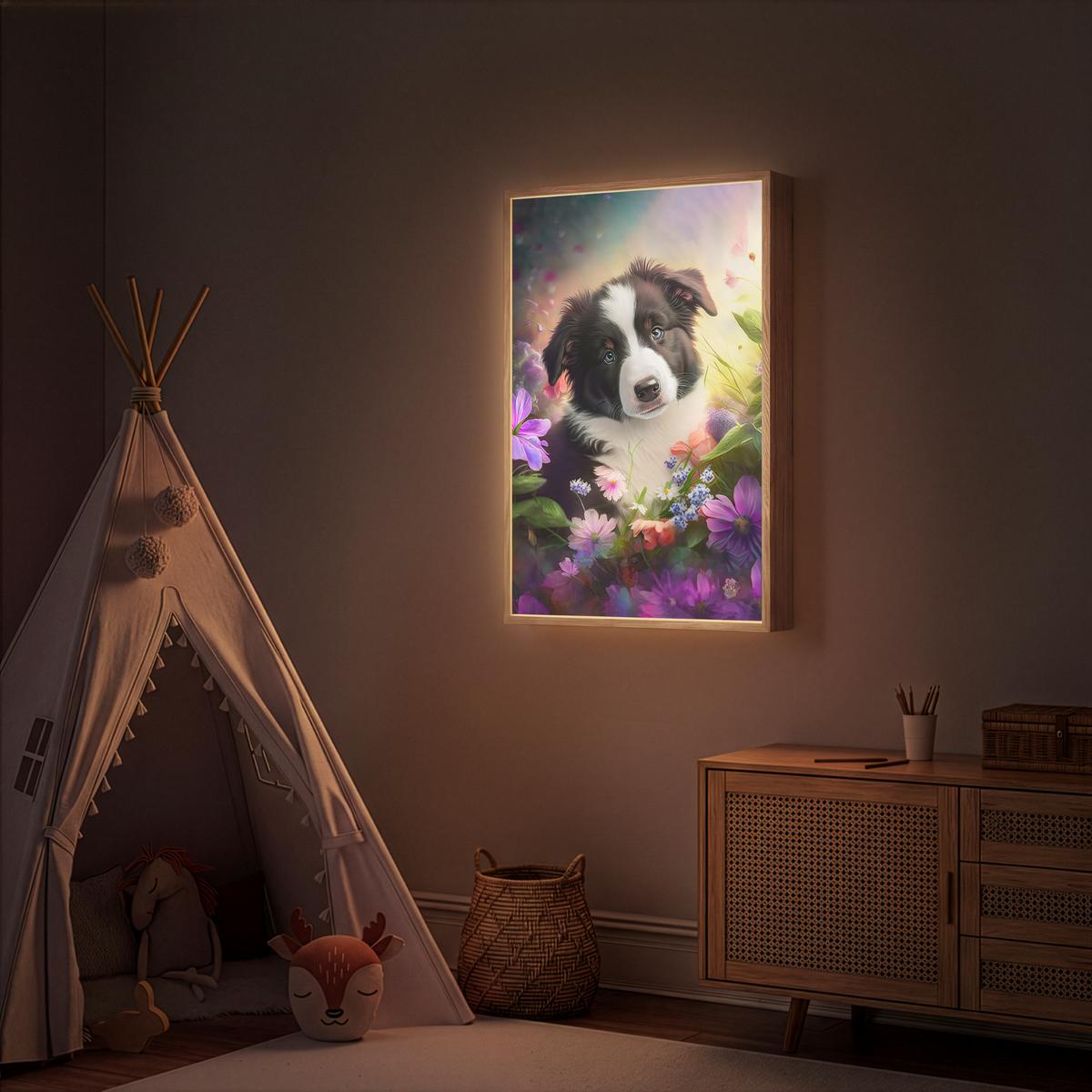 NACHTTISCHLAMPE MIT AKKU Welpe - Sonne - Blumen - Natur - Border Collie - Hund 60x90 cm - Violett, Holzwerkstoff (8/60/90cm) - OnlyWow