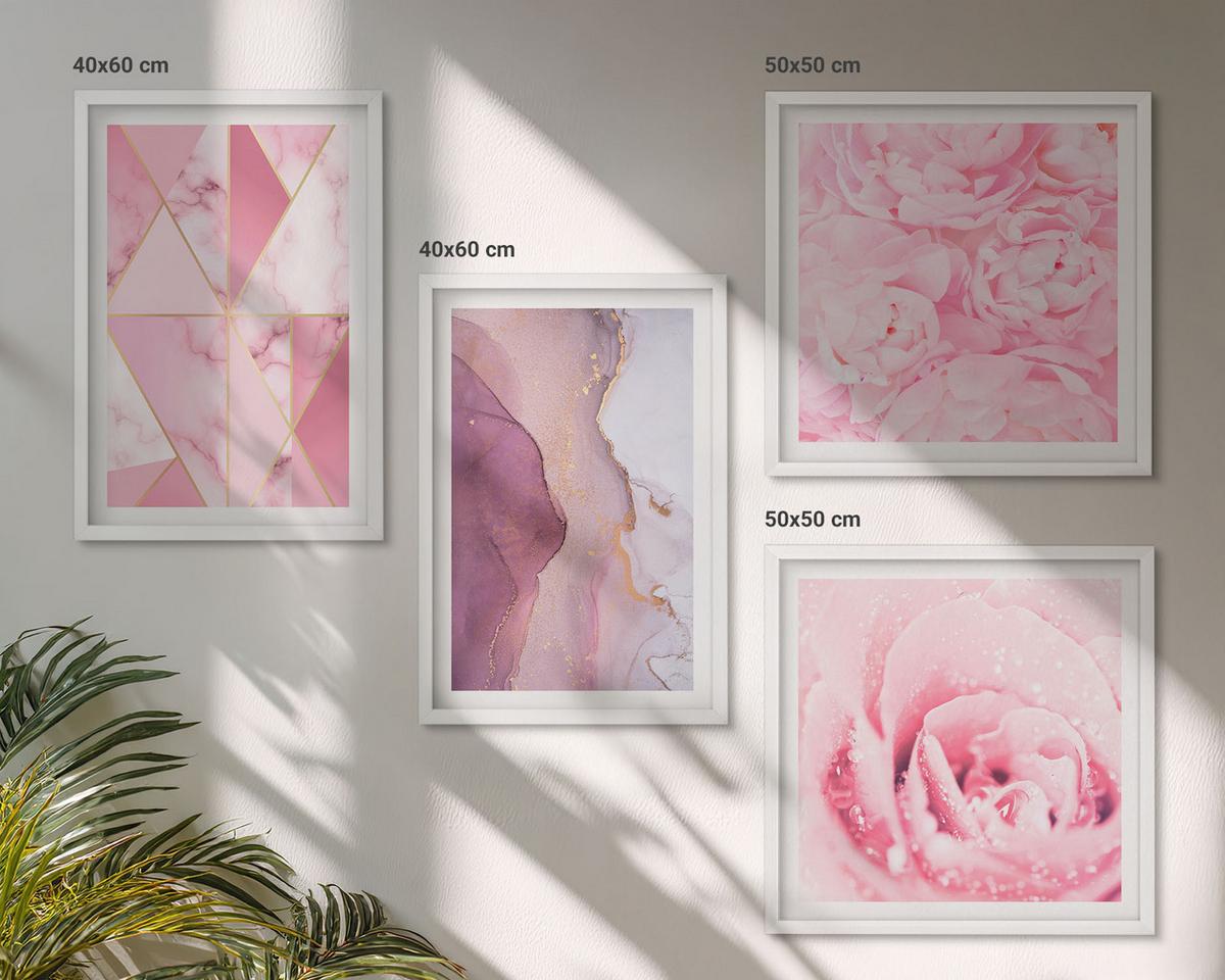 BILDER SET 4er Set - 50x50 cm & 40x60 cm Weißer Rahmen - Rosa geometrische Pfingstrosen - Weiß, Kunststoff (50/50cm) - TULUP