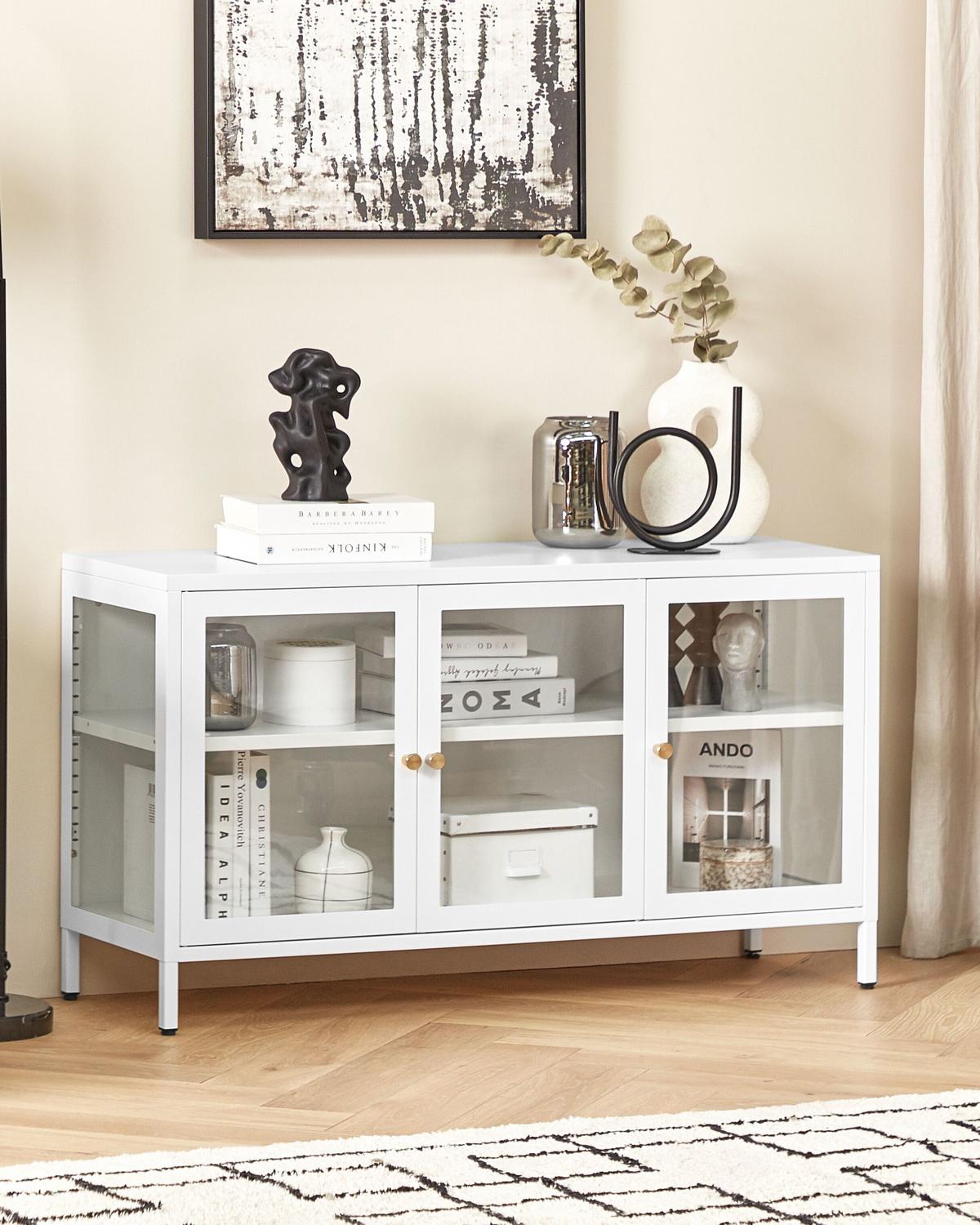 SIDEBOARD mit Glastüren Metall 115 cm Weiß Newport - Weiß, Metall (115/65/35cm) - Beliani