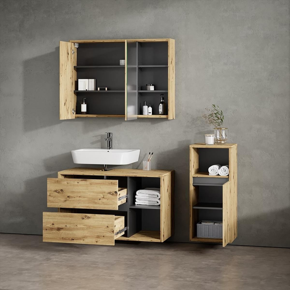 BADMÖBEL-SET Vomano Braun 3 Teile, mit Midischrank - Braun, Holzwerkstoff (45/100/60cm) - Livinity®