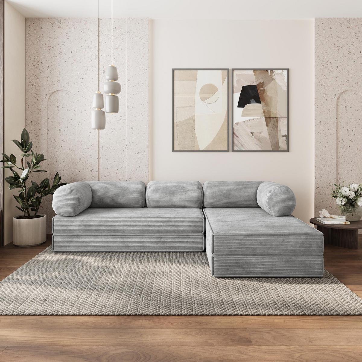 ECKSOFA ETERA modulares Boneless Sofa mit Schlaffunktion Hellgrau Kordstoff - Hellgrau, Textil (270/160cm) - MASSENO