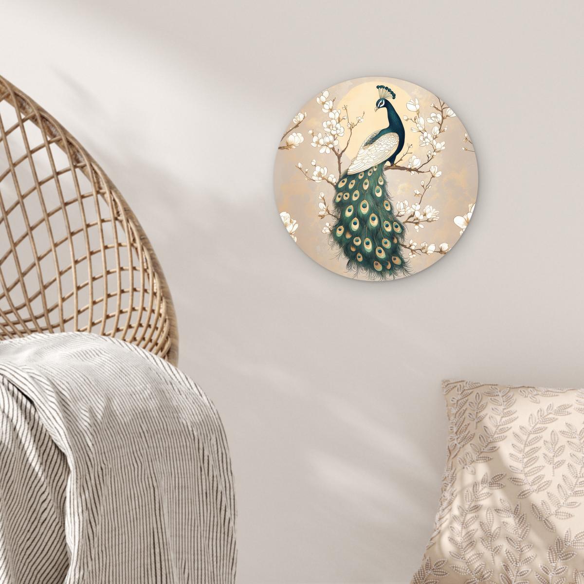 WANDBILD Pfau - Zweig - Blumen Deko Wohnzimmer 30x30 cm - Champagner, Kunststoff (30/30cm) - MuchoWow