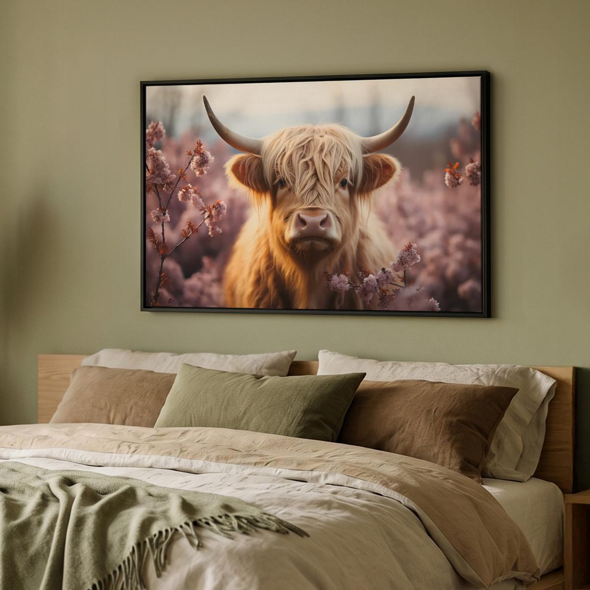 LEINWAND Bilder mit Rahmen - Schottischer Hochländer - Frühling - Hochland - 90x60 - Hellrosa, Textil (90/60cm) - MuchoWow