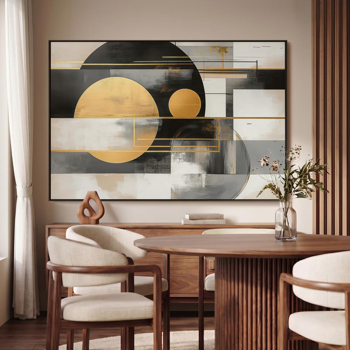 LEINWAND Bilder mit Rahmen - Abstrakt - Gold - Silber - Formen - Ästhetisch - Modern - 140x90 - Goldfarben, Textil (140/90cm) - MuchoWow
