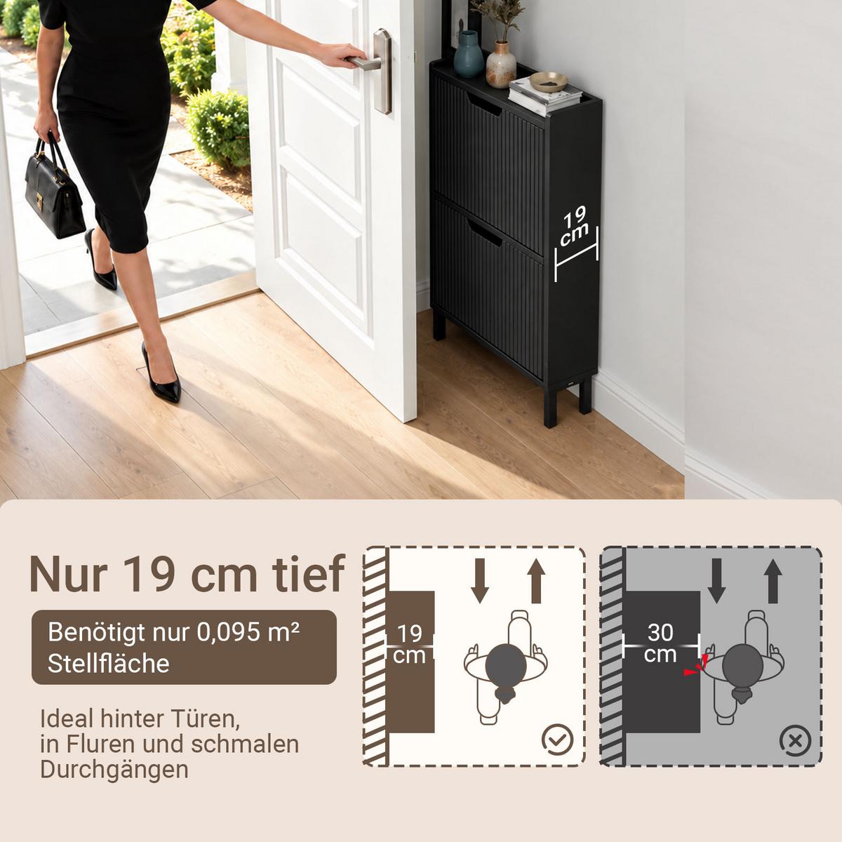 SCHUHSCHRANK schwarz, 4-6 Paar, 2 Klappen mit schrägen Einlegeböden, 90 cm hoch, nur 19 cm tief, Plissee-Front, für schmale Flure - Schwarz, Holzwerkstoff/Metall (50/90/19cm) - SoBuy