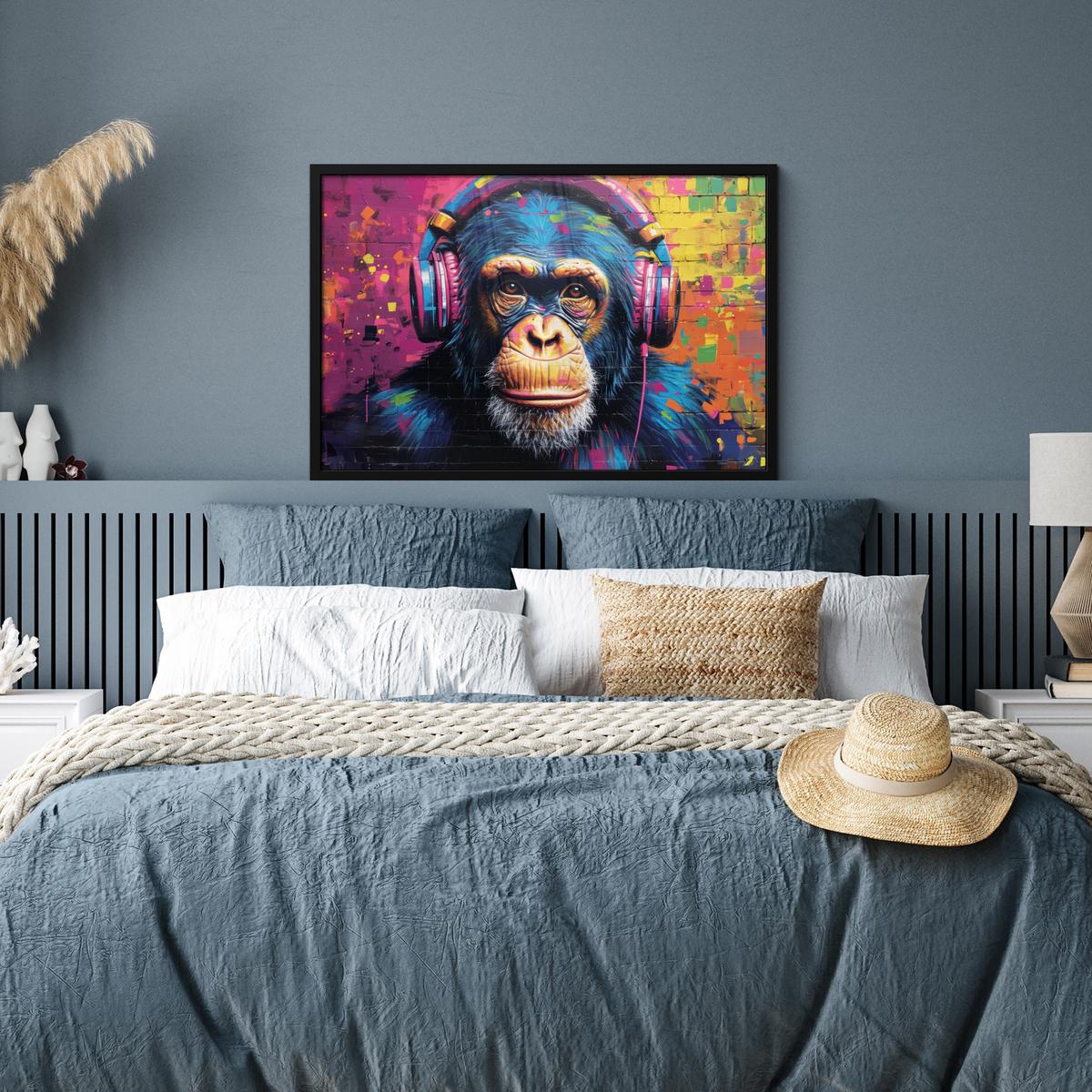 POSTER MIT RAHMENGERAHMTES BILD Graffiti - Schimpanse - Straßenkunst - Kopfhörer - Affe 90x60 cm - Blau, Papier (90/60cm) - MuchoWow