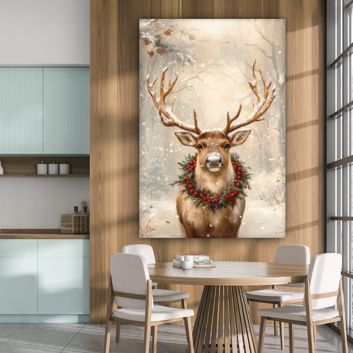 LEINWANDBILD Weihnachten - Rentier - Winter - Kranz Deko Groß 90x140 cm - Naturfarben, Textil (90/140cm) - MuchoWow