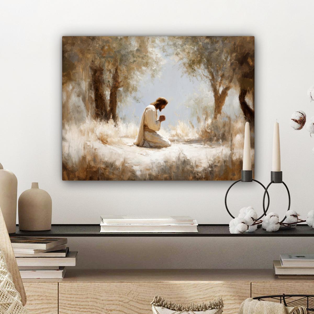 LEINWANDBILD Jesus - Kniend - Waldlandschaft - Betend Wandbild 40x30 cm - Beige/Hellblau, Textil (40/30cm) - MuchoWow