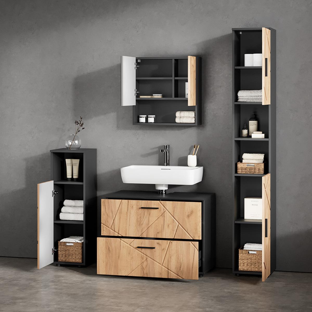 BADMÖBEL-SET Ronco Goldkraft Eiche/Anthrazit 4 Teile, mit Schubladenschrank und Hochschrank - Honigeiche/Anthrazit, Holzwerkstoff (80/58/41cm) - Livinity®