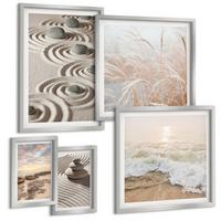 BILDER SET 5er Set - 50x50 cm & 20x30 cm & 40x60 cm Silberner Rahmen - Blumen im Wasser des Buddha-Wasserfalls - Silberfarben, Kunststoff (40/60cm) - TULUP
