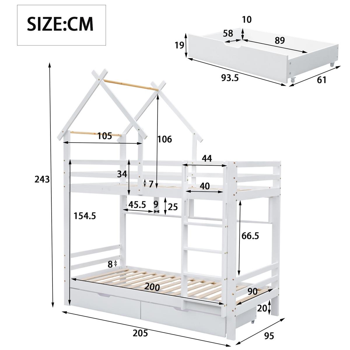 HAUSBETTEN 90/200cmWeiß - Weiß, Holz (205/243/95cm) - Urban Meuble