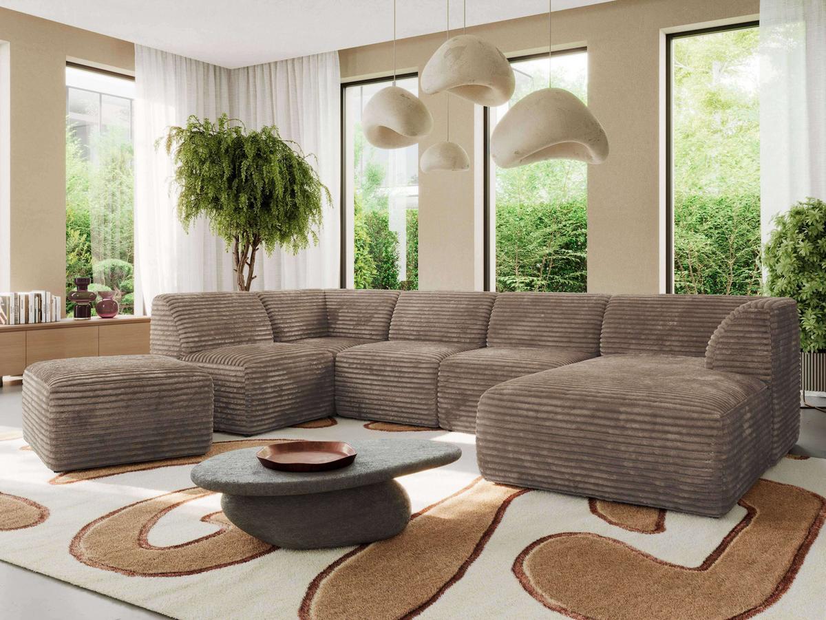 WOHNLANDSCHAFT MODARO U 6M - Braun Cord - Rechts - Schwarz/Braun, Textil (345/78/180cm) - MKS