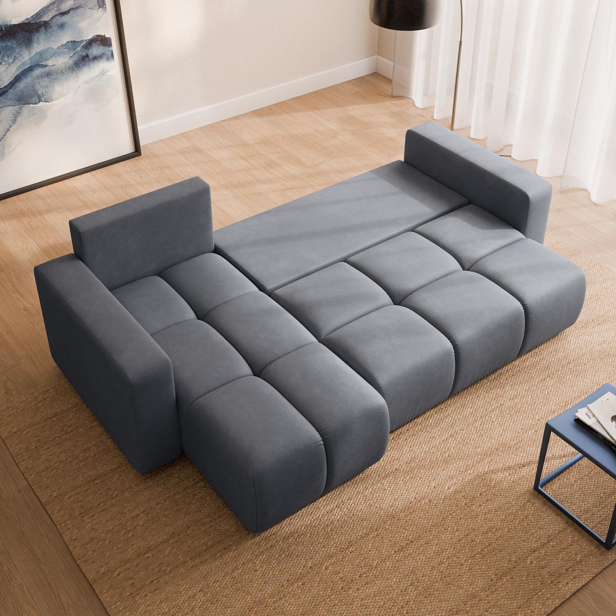 ECKSOFA RAMIL Grau Plüsch-Stoff mit Schlaffunktion - Grau, Holz (240/149cm) - MASSENO