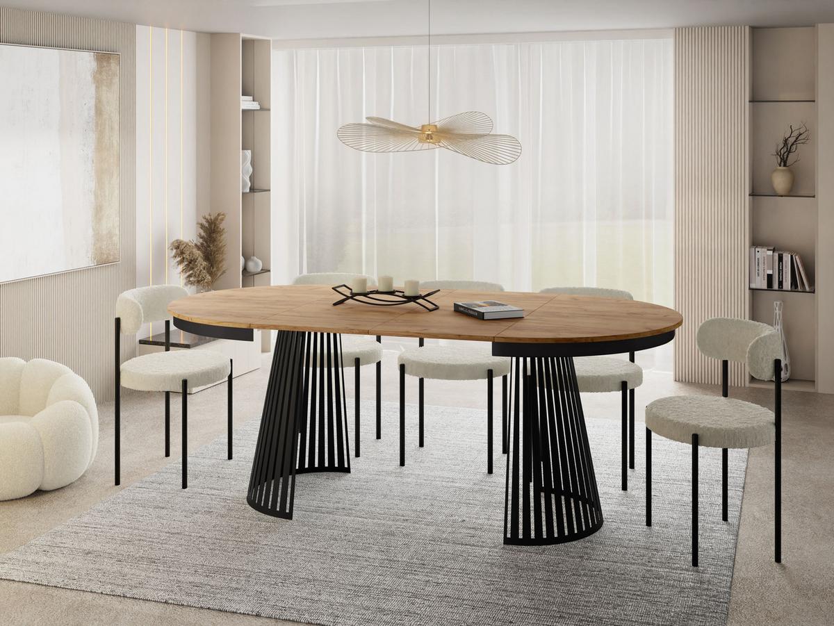 ESSTISCH Naro rund ausziehbar mit Schwarzem Lamellen-Metallgestell, Braun 120-200/120/76 cm - Eiche Wotan/Schwarz, Holzwerkstoff/Metall (120/196/76cm) - WFL GROUP
