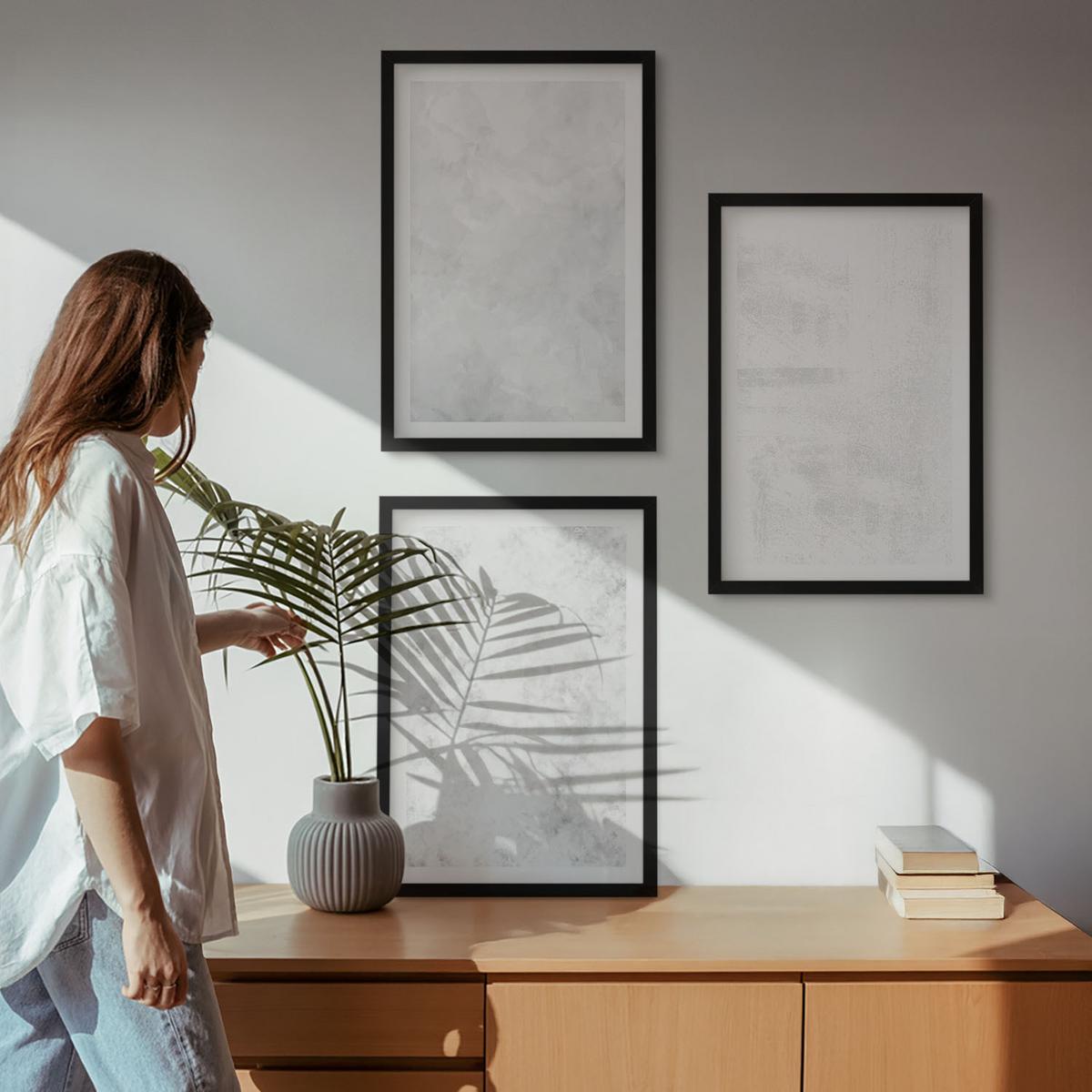 BILDER SET 3er Set - 40x60 cm Schwarzer Rahmen - Minimalistischer Hintergrund mit weißen Punkten - Schwarz, Kunststoff (40/60cm) - TULUP