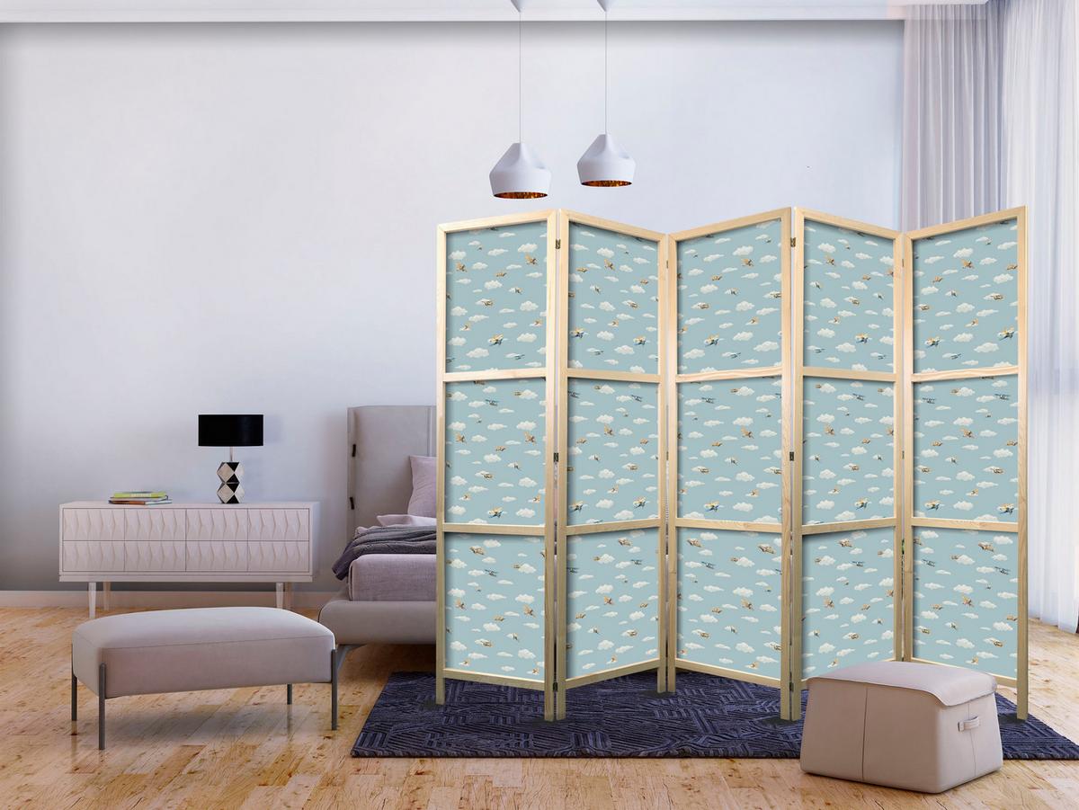 PARAVENT Japanischer 5-tlg 225x172 cm Flugzeuge Wolken - Blau, Holz/Textil (225/172/3cm) - Muralo