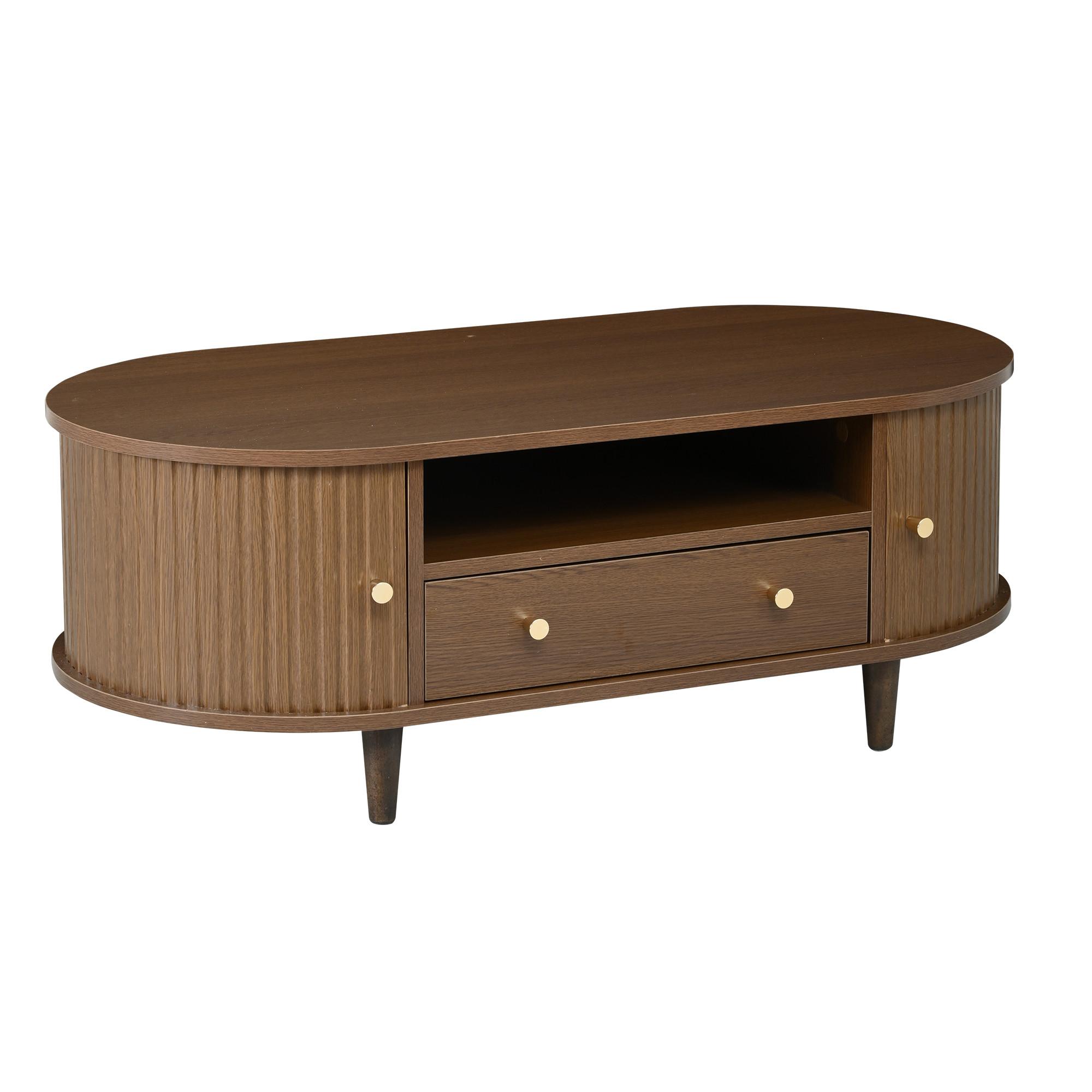 COUCHTISCH Ovales Design mit Rolltür & Schublade - Walnussfarben, Holzwerkstoff (50/100/36cm) - Urban Meuble