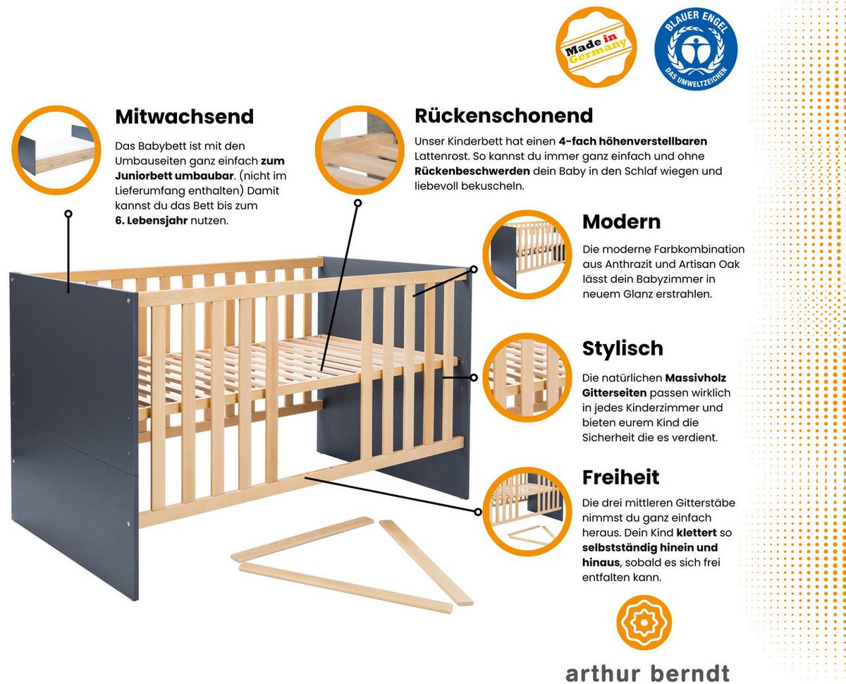 BABYZIMMER SET Alessio 2-tlg. - Anthrazit/Silberfarben, Holz/Holzwerkstoff (1/1/1cm) - arthur berndt