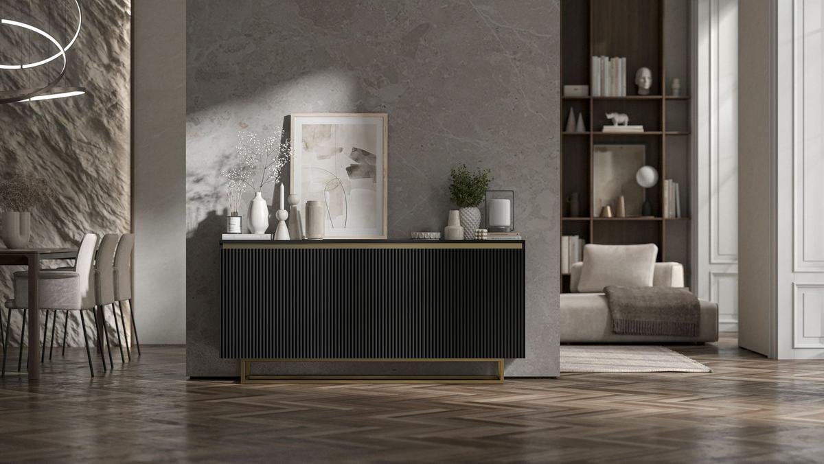 SIDEBOARD Selene 3D Schwarz Matt mit geriffelten Fronten Glamour 167 cm - Goldfarben/Schwarz, Holzwerkstoff/Metall (167/79/35cm) - Meble Lindner