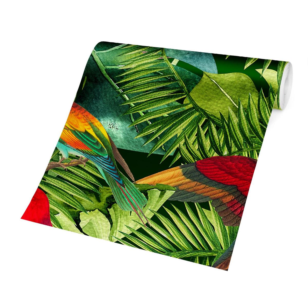 FOTOTAPETE Bunte Collage - Papageien im Dschungel 384/255 cm - Multicolor, Papier (384/255cm) - Bilderwelten