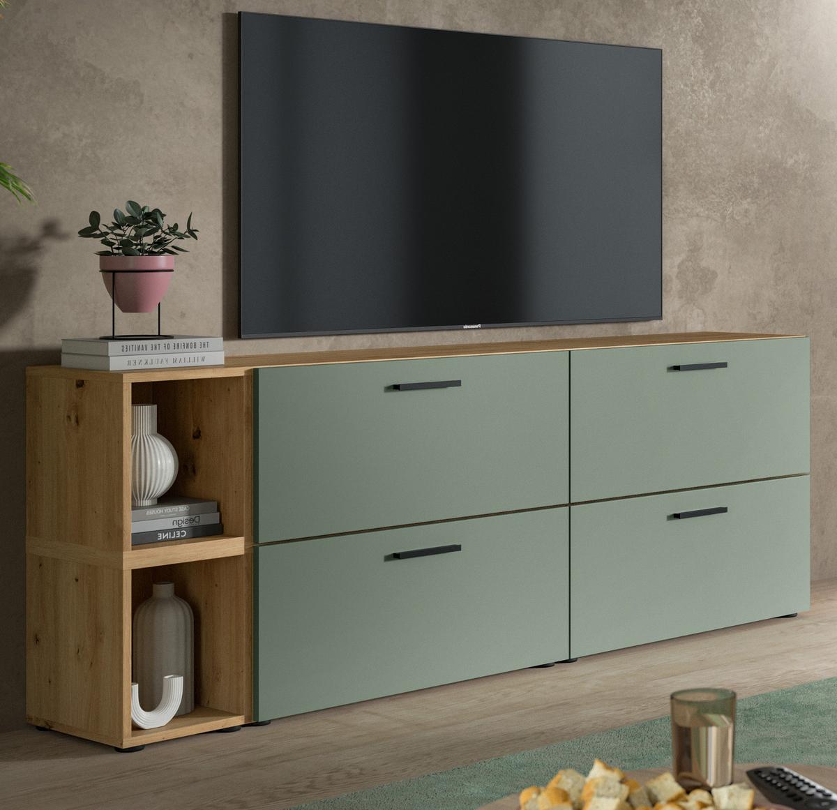 TV-LOWBOARD Grün, Eiche Artisan 176 cm, Fernsehtisch hängend / stehend - Schwarz/Eiche Artisan, Holzwerkstoff/Kunststoff (176/67/34cm) - Inn.Furn